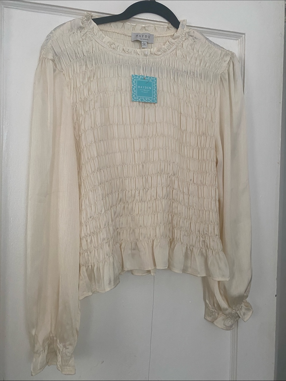 Hayden Cream Smocked Ruffle-Neck Blouse